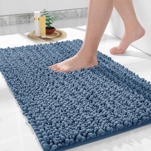 Yimobra Chenille Badematte rutschfest - Weicher Badvorleger Maschinenwaschbar - Mikrofaser Absorbent Badteppich, für Dusche und Badezimmer, 43 x 61 cm, Denim Blau
