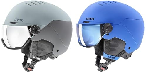 uvex wanted visor - Skihelm für Damen und Herren - mit Visier - individuelle Größenanpassung - Glacier - rhino matt - 54-58 cm & rocket jr visor - Skihelm für Kinder - mit Visier blue matt - 54-58 cm