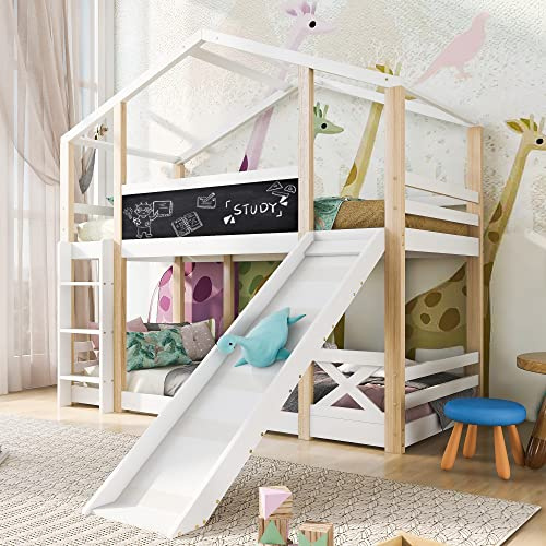 Rtopsu Letto per Bambini a Castello 90x200 cm, Letto per Ragazzi con Scaletta e Slide, Letti a Soppalco con Soppalco e Pannelli, Letti Casa con Rete a Doghe, Naturale e Bianco, Senza Materasso