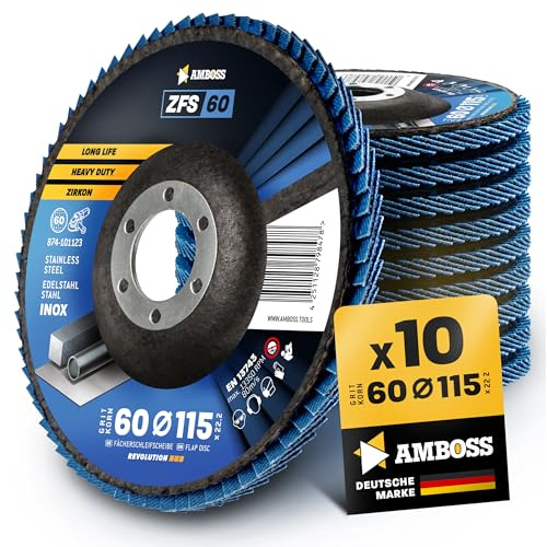 10x Fächerscheibe Ø115mm K60 für Stahl/Edelstahl - Polieren Entroster Kehlnaht schleifen - AMBOSS Werkzeuge ZFS Lamellenschleifscheibe blau Winkelschleifer - Profi Zirkon Schleifmop
