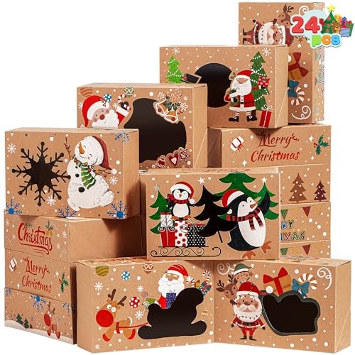 JOYIN 24 scatole per biscotti di Natale, scatole per biscotti in carta kraft con finestra, 21,6 x 14,6 x 7 cm, 6 design per biscotti natalizi per dolci, cupcake, brownie, regali di Natale