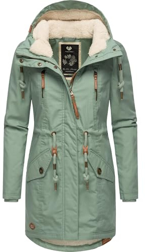 Ragwear Damen Mantel lange warme Winterjacke mit Teddyfell-Kapuze Elsie Intl Dusty Green24 Gr. M