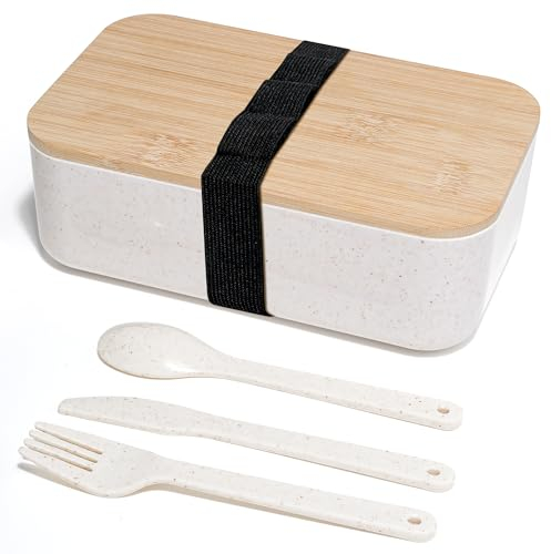 Cheerhom Lunchbox für Erwachsene - Bento Box Japanisch mit Besteck - Brotbox für die Schule/Sandwich Box - Lunchbox Set mit Bambusdeckel und Trageband - Kleine Snackbox 19x12x7cm,Weiß