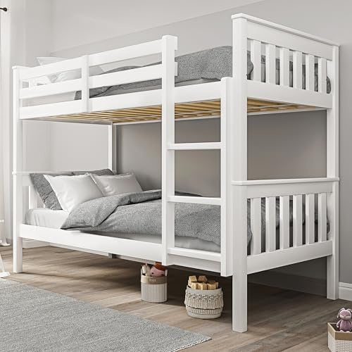 Blisswood Double Bunk Bed, 3ft Single Bed Frame with Ladder, Extra Strong & Durable, Wooden Kids bunk beds, Twin Sleeper for Kids, Children, Adults, Double Bed Frame With Under Bed Storage (White)