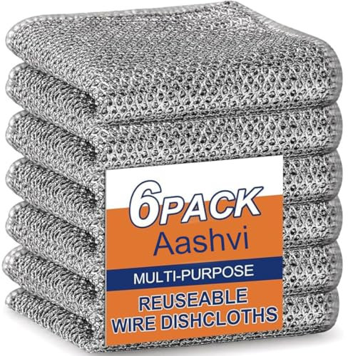Aashvi 6 PCS Double Layer Wire Dishwashing Cloth Rag Non-Scratch Multipurpose Durable Wire Dishcloth for Wet and Dry Two Layer Reusable Steel Wire Cleaning Cloths Towel for Kitchen Dish Stove Top (6)