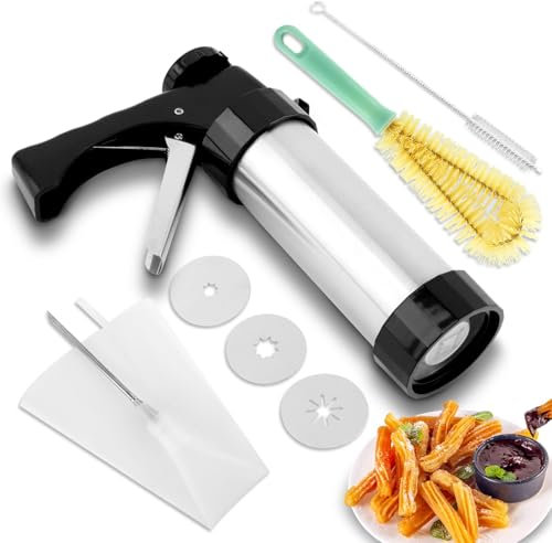Churro Maker Maschine, Edelstahl Churro-/Keks-Bastelset mit 3 Scheiben, 2 Reinigungsbürsten, 2 Bürsten, Spritzbeutel, Spritztüllen, für Zuhause, DIY Kekse & Kuchen Dekorieren
