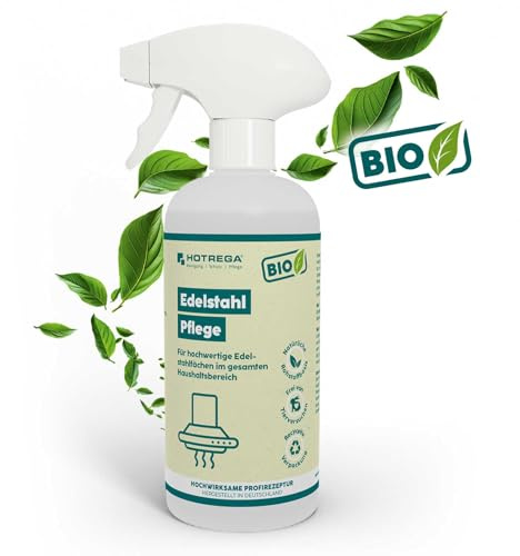 HOTREGA BIO Edelstahlpflege 500ml | Reiniger für Aluminium, Glas & | Schmutzabweisender Glanz ohne Fingerabdrücke | Ideal zur Pflege von Küchengeräten & Fronten | Nachhaltige Bio-Rezeptur