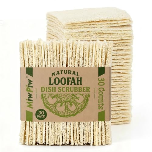 Miw Piw Natural Loofah Dish Sponge (Pack 30) Multipurpose Dish Sponges - 100% Biodegradable Compostable Dishwashing Scouring Pad Zero Waste (2.75 x 2.75 Each)
