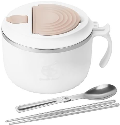Gatphy 1600ml Rapid Ramen Bowl with Filterable Lid, 304 Stainless Steel Noodle Bowl Ramen Cooker, Microwave Noodle Bowl with Chopsticks and Spork Portable Soup Bowl for Dorm Home Office(White)