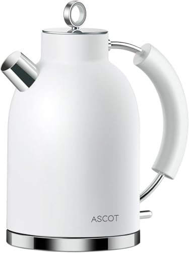 ASCOT Electric Kettle, Stainless Steel Electric Tea Kettle Premium Matte 1.5L 2200W Retro Tea Heater & Hot Water Boiler, Auto Shut-Off Boil-Dry Protection Matte White