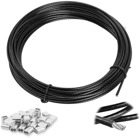 2mm Wire Rope, 304 Stainless Steel Plastic Black Coated Wire Cable with Aluminum Crimping Loop, 10m Stainless Steel Hanging Cable 7x7 Cross Section for Picture Hanging, Clothes Line