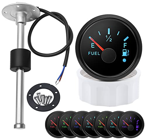 52mm Marine Fuel Level Tank Gauge Kit - with 200mm Fuel Water level Sensor, 0-190 Ohm, 7-Color LED Backlight, 12V/24V for Boat, Sailboat, RV, Car, Camper