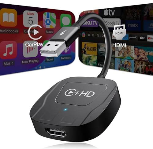 Wireless CarPlay Adapter with HDMI Input, supports mirroring videos/games from multimedia devices with DP function to car, Car TV Mate compatible with iOS 10+ & Cars with Wired CarPlay from 2016