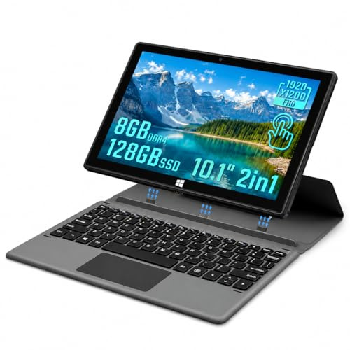BINTEC Tablet da 10,1 pollici Windows 11 2-in-1 sottile e leggero a doppia fotocamera con touch screen, 1920 × 1200IPS, viene fornito con tastiera magnetica, Bluetooth 4.2, WiFi wireless, tipo C (nero