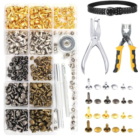 KEORHEZ Leder Nieten Set, 360 Set Metallniete Doppelkappe mit Nietenzange,12 Größen Hohlnieten für Leder, Ledernietenset, Nietenzange Set Kleidung, Schlagnieten, Rundkopfnieten Werkzeug (4 Farben)