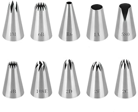 Set di 10 Beccucci in Acciaio Inox,Punte per Piping Grandi,Professionali Beccuccio Grande Inox Bocchette (1M,6B,R6,1A,4B,108E,2D,2F,2C) per Decorare Cupcakes,Torte,Zeppole,Biscotti,Pasticceria