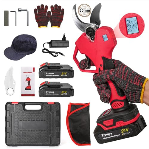 50 mm Tijeras eléctricas inalámbricas sin escobillas 21 V, tijeras eléctricas con pantalla, tijeras de podar profesionales con 2 baterías de 1,5 Ah para jardines, ramas y árboles frutales (2 baterías)