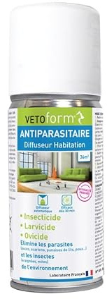 Vetoform | Insecticide Habitat | Spray diffuseur | Puces, Tiques, Punaises de lit | 150 ML | 36m² | Efficacité Prouvée | Fabriqué en France