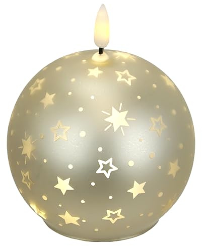 LED-Kugelkerze aus Glas mit Stern-Motiven und Timer 12cm LED-Kerze elektrisch Warmweiß Lichter Deko Adventskerzen Adventskranz Kranz Weihnachtsdeko Geschenkidee geruchslos tropflos flammenlos