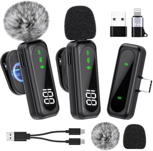 AXFEE 2PCS Micrófono Inalámbrico de Solapa con Pantalla Digital de batería,Micrófono Lavalier Inalámbrico con USB C/L ightning, Plug&Play, Micrófonos Reducción de Ruido para Streaming,Vlogging,etc.