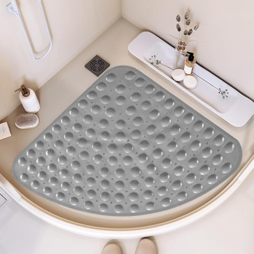 Ranjima Duschmatta, halkfri, halkfri matta, dusch, 65 x 65 cm, PVC fjärdedel cirkel hörnduschmatta, triangulär, duschinlägg, halkfri med sugkoppar, stor säkerhetshalkfri matta, dusch för seniorer, grå