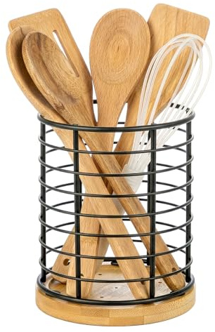 GREENSAPPIRE Kitchen Utensil Holder – Countertop Cutlery Drainer | with Metal Wire and wood Base, Organizer for Spoons, Spatulas, Ladles, Forks, and More,Black