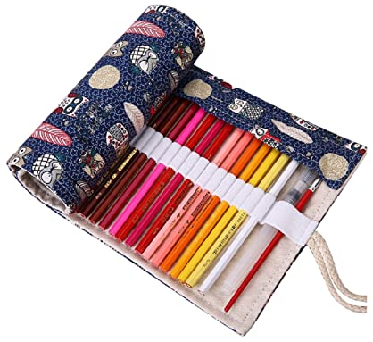 ONEGenug 48 Löcher Leinwand Farbstifte Tasche Feder-Mäppchen, Roll-up Bleistift Tasche, Bunt-Stifte für Malen, Schreiben, Ausmalen