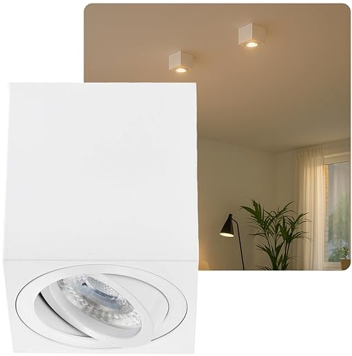 Sweet Led Aufbaustrahler GU10 dimmbar aus Aluminium - Deckenspots 7W 3000K Strahler warmweiß 230V - Aufbauspot in Eckig - Deckenleuchte weiss matt – Aufputz Spot schwenkbar