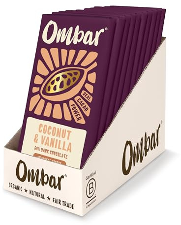Vegan Chocolate - Ombar Centres Coconut & Vanilla (70g x 10 Bars) Organic Fair Trade, Dairy and Gluten Free Chocolate