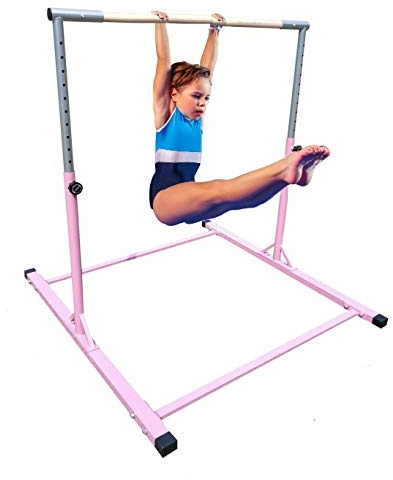 Athletic Bar Kids Gymnastics Training Bar Junior Horizontal Kip Bar 3 to 5 FT Training Jungle Gym Expandable Adjustable Height 3 to 5 FT Tumble Weight Capacity 300 Pounds (Pink)