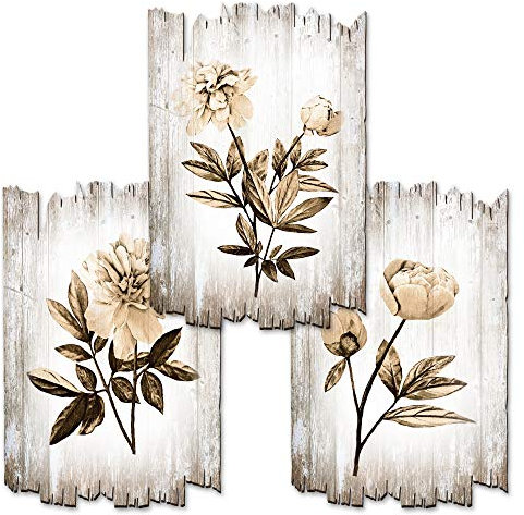 Kreative Feder Shabby Chic Landhausstil Wandbilder Holz | Deko-Schilder aus Holz im 3er Set | Wanddeko für Ihr Zuhause | in 30x20cm (Blumen Sepia)