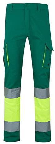 VELILLA 303007 Pantalon Haute visibilité 100% Coton Bicolore et Plusieurs Poches Vert/Jaune Fluo Taille L