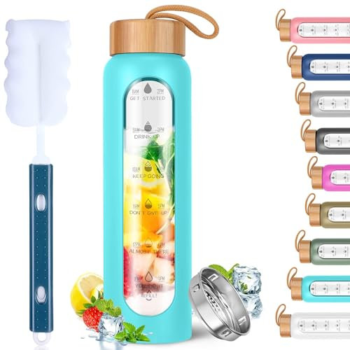Aqulea Botellas de agua de vidrio de 32 onzas con funda de silicona, sin BPA, reutilizables, de boca ancha, con infusor de frutas, botella de agua de borosilicato a prueba de fugas con marcador de