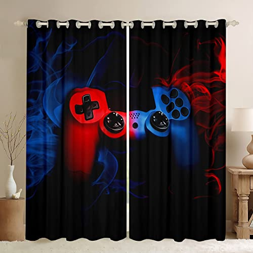 Loussiesd Gaming Thermal Curtain for Boys Bedroom Gamer Window Treatments Video Game Gamepad Window Drapes Light Reducing Soft Curtains with Grommet Red Blue Game Controller W46*L54