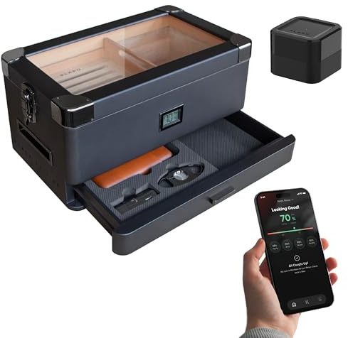 Case Elegance Black Edition Cave à cigares avec dessus en verre et hygromètre numérique frontal, cèdre espagnol, solution de cigare, système hydro et tiroir en mousse pour accessoires, pour 50 à 100