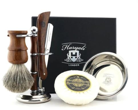 Haryali London, 5-teiliges Rasierset aus Holz – Traditionelles Rasier-Set mit Rasiermesser, Dachshaarpinsel, Schale, Rasierseife und Ständer, klassisches Rasier-Set für eine gründliche Rasur.