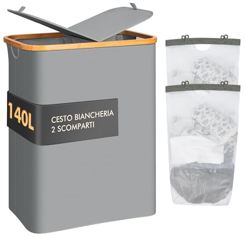 Tiklife Panier à linge, 2 compartiments,140L, bambou naturel, rangement de vêtements classés, boîte à linge,laundry baskets, trieur de vêtements (140L gris)