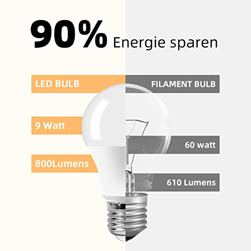 OGADA LED Lampe, 9W LED Glühbirne, in Kolbenform mit E27 Sockel Led Warmweiß, 3000K, A60 Leuchtmittel, 800 Lumen, Ersatz 60W Halogen, 6 Stück