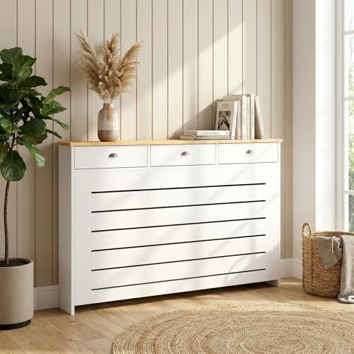 DuraTherm® Radiator Cover Cream Painted MDF Cabinet Horizontal Slat Storage Drawers & Shelf, Radiator Cabinets for Office Hallway Living Room Bedroom, Large (H: 96cm / W: 150cm / D: 19cm)