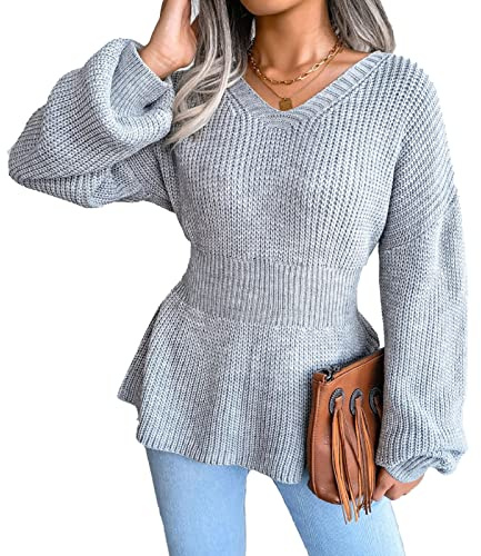 Greensen Maglione Pullover Lavorato a Maglia con Peplo all'Uncinetto da Donna Maglione Allentato Casual di Colore Puro Top con Maniche a Lanterna con Scollo a V e Orlo
