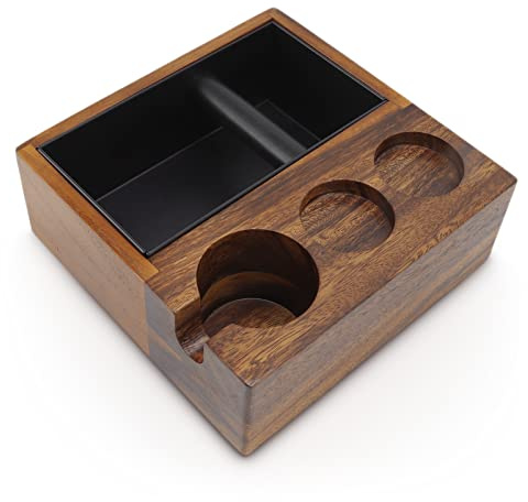 4 En 1 Caja de Golpeo para Espresso, Soporte de Espresso de Nogal Tamper Station compatible con accesorios de espresso de 58mm, con caja de golpeo de acero inoxidable desmontable de 1.5L