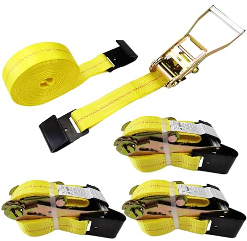 KJE Flat Hook Ratchet Straps,4 Pack Heavy Duty Tie Down Straps 2 x 27' Weather Resistant Cargo Strap 3,333 Pound Working Load Limit for Flatbed, Truck, Trailers Pickup