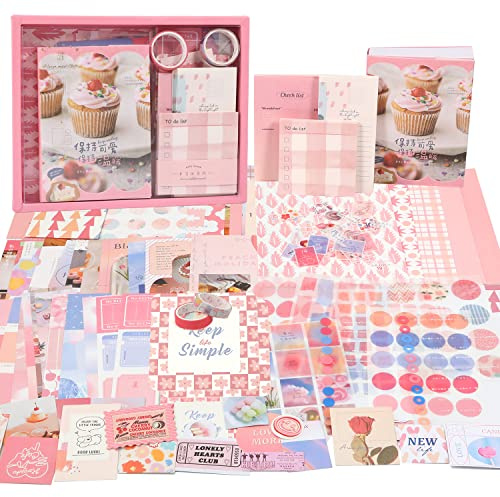 Kits Para Álbumes de Recortes, 346 Piezas Scrapbooking Materiales Kit, con Papelería, Cuaderno de Cuadrícula a6, Páginas con Rayas Gráficas, Regalo de Bricolaje para Niña Adolescente, Rosa