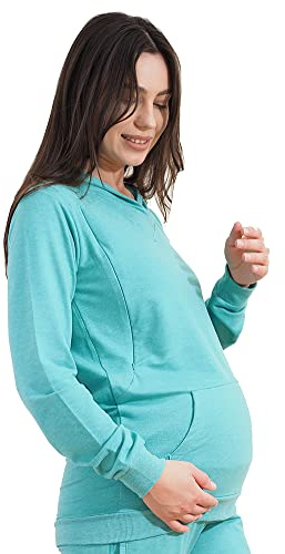 Mamatoto Mamma-huvtröja för amning, mjuk känsla, graviditets- och amningströja med känguruficka, Blågrön, 38