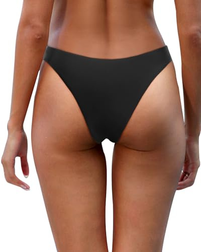 Aqua Eve Women Cheeky Bikini Bottom Brazilian High Cut Swim Bottom Low Rise Bathing Suit Bottom Black L