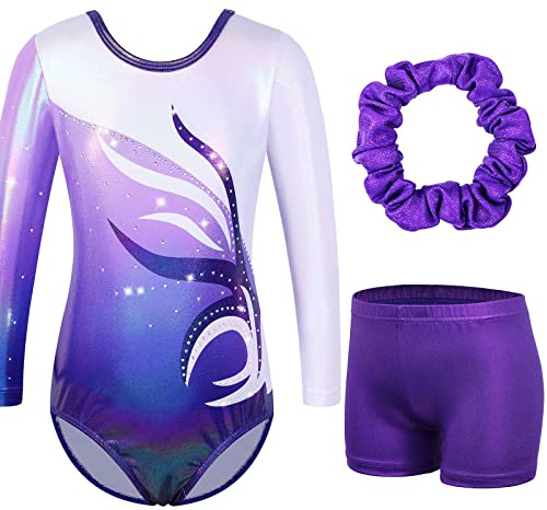 ZNYUNE gymnastikanzug hose mädchen turnanzug Ärmellos/langarm turnkleidung mädchen gymnastik Tumbling Tanz hose KHB272 WhitePurple 6A
