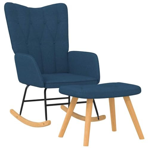 vidaXL Schaukelstuhl mit Hocker, Schwingstuhl mit Armlehne, Schaukelsessel mit Holzkufen Stahlgestell, Relaxsessel Schwingsessel Wohnzimmer, Modern, Stoff Blau