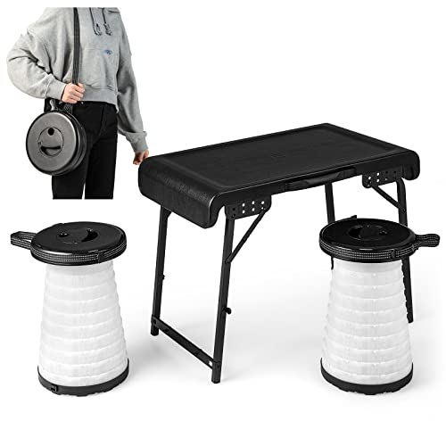 COSTWAY Tragbarer Klapptisch mit 2 LED Teleskophockern, Campingtisch und höhenverstellbarer Hocker, Campinghocker Klapphocker bis 200 kg belastbar, für Camping, Reisen, Angeln