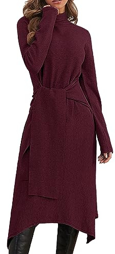 JayscreateEU Abito Donna in Maglia per Autunno-Inverno, Midi con Collo Alto, Maniche Lunghe, Cintura, Abito Caldo a Linea A, Rosso, XL