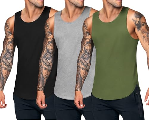 COOFANDY linne herr bodybuilding tanktops ärmlös muskelskjorta fitness stringer armskjortor män sport undertröja, Svart/grå/militärgrön, M